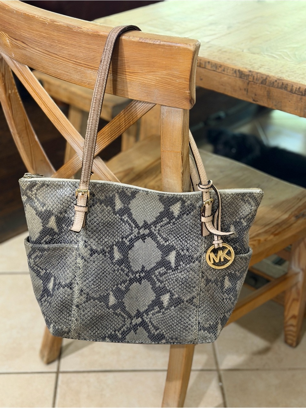 Michael Kors Taupe and Gray Snake-Print Shoulder Tote